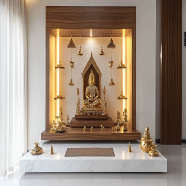 Contemporary Mandir Design With White And Brown Interiors