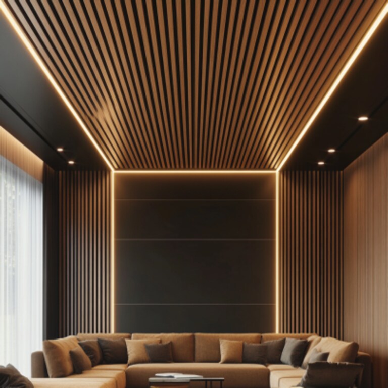 Peripheral Rectangular Wooden False Ceiling Design With Black Panelling