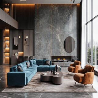 Contemporary Living Room Design with Blue Sofas and Brown Accent Chairs