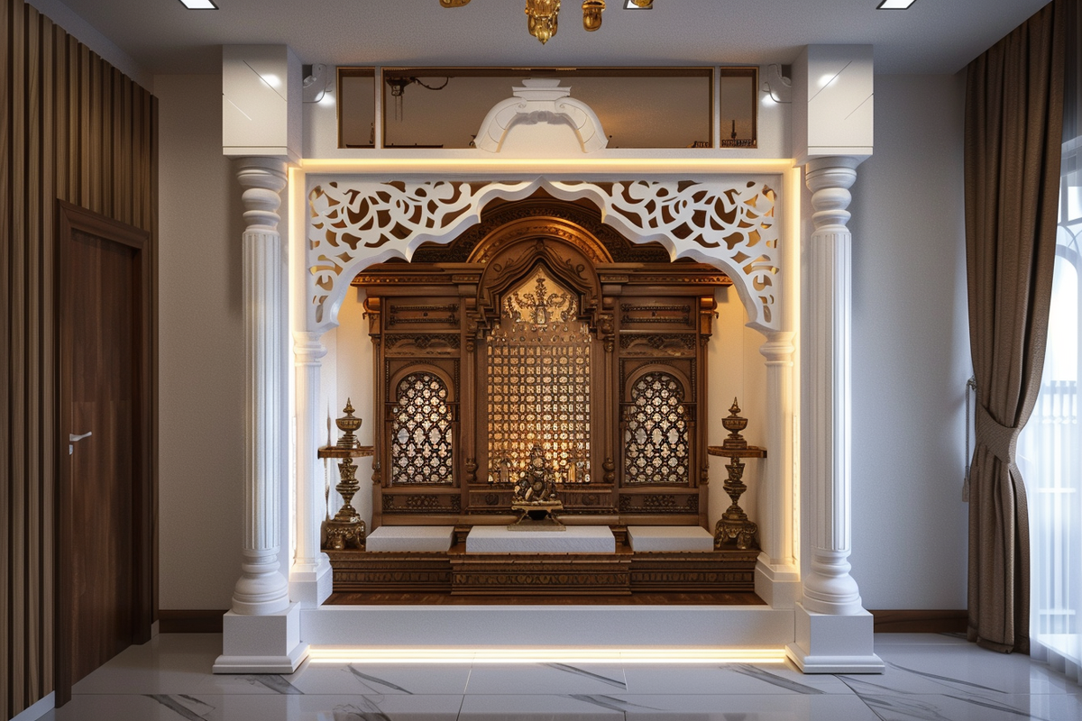 Contemporary Floor-Mounted White And Brown Mandir Unit Design