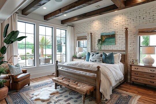 classic-white-brick-master-bedroom-design-with-4-poster-wooden-bed