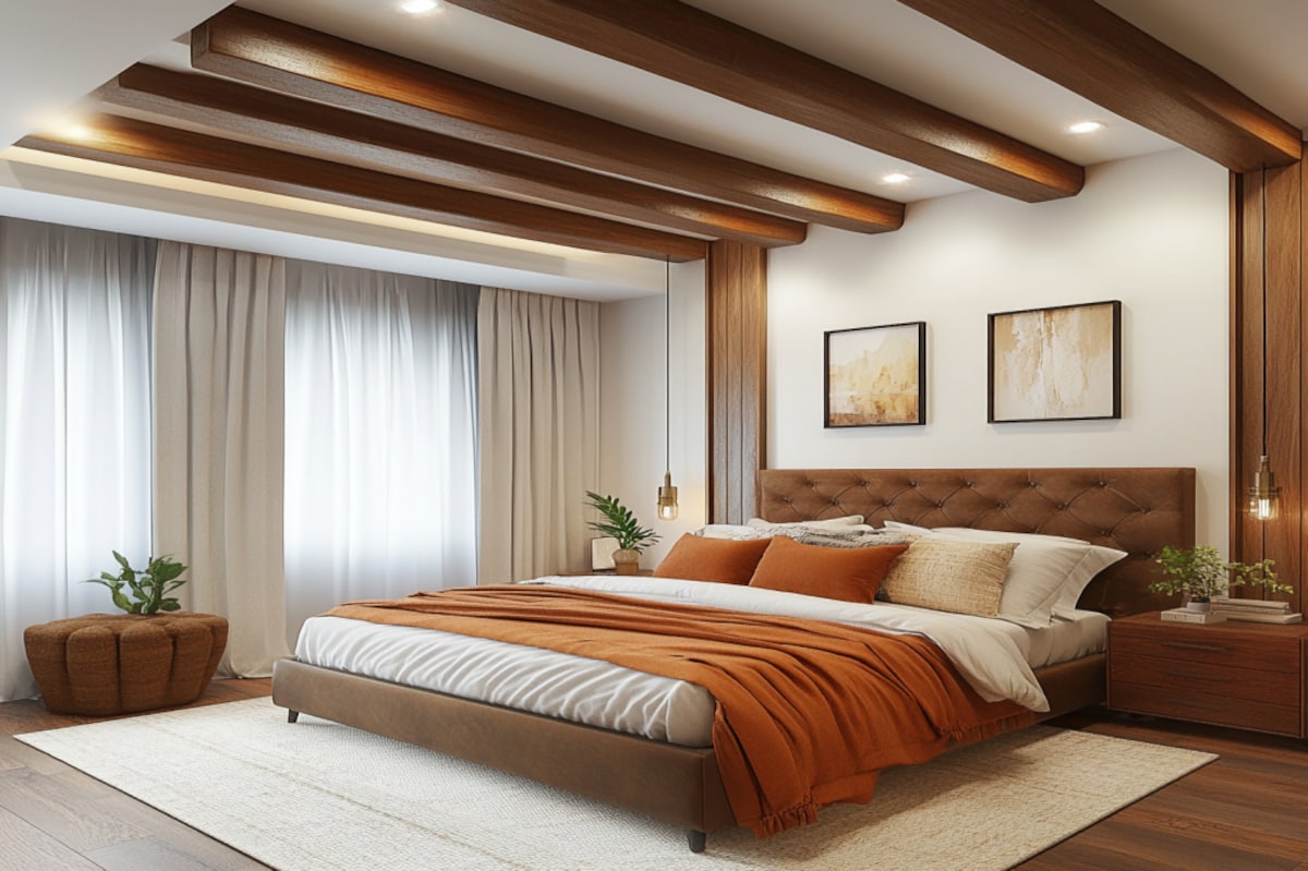 Transitional Bedroom Ceiling Design With 3D Wooden Beams