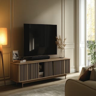 Contemporary Champagne-Toned TV Unit Design With Wooden Wall Grooves