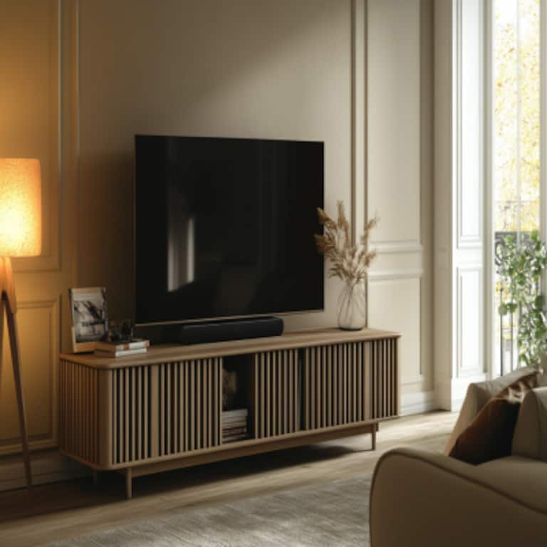 Contemporary Champagne-Toned TV Unit Design With Wooden Wall Grooves