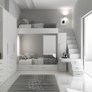 Modern White And Grey Kids Room Design With Mirrored Wardrobe And Loft Storage