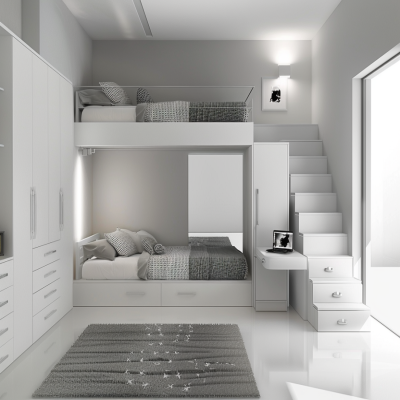 - Modern White And Grey Kids Room Design With Mirrored Wardrobe And Loft Storage