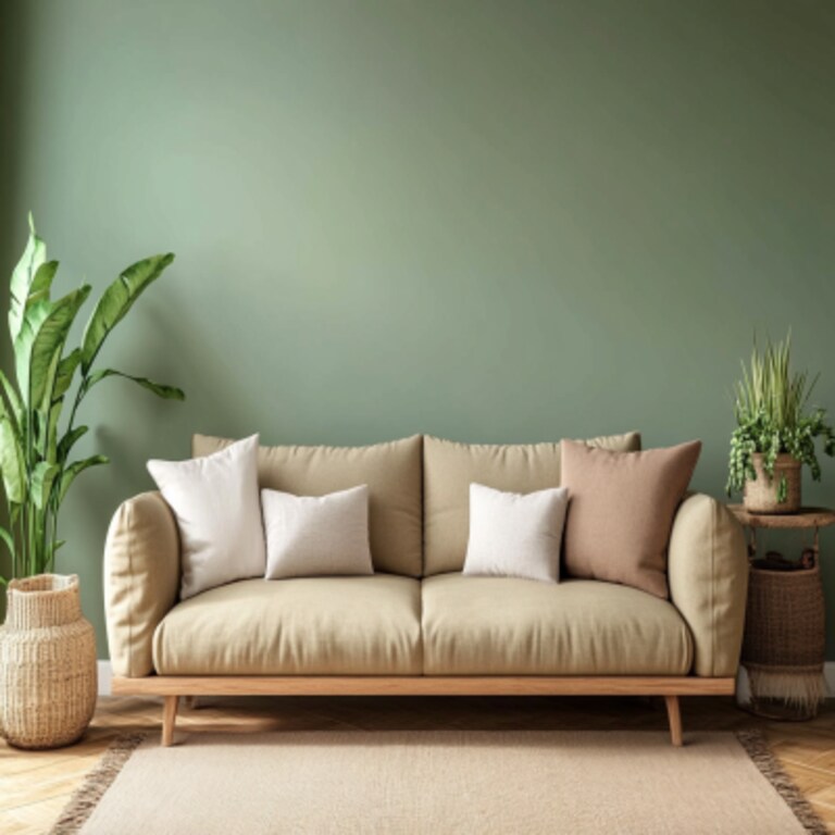 Modern Light Green Living Room Wall Paint Design With Tan Sofas