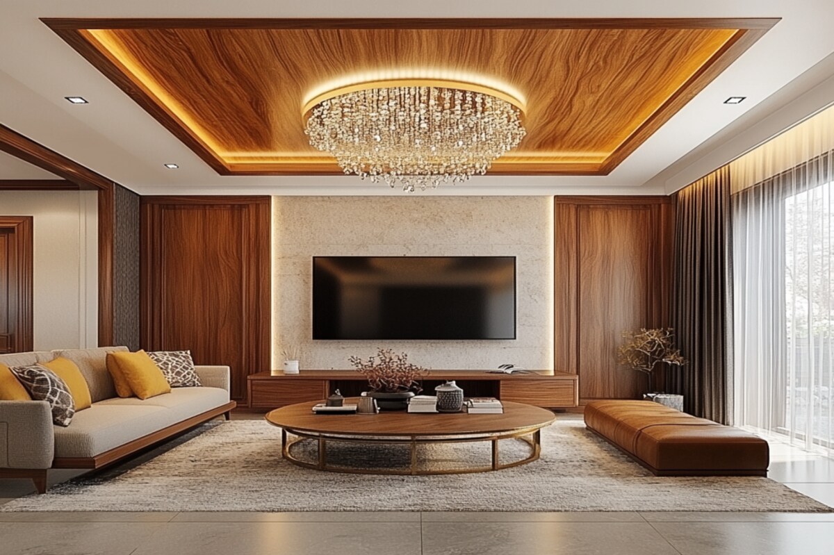 Modern Wooden Single-Layered False Ceiling Design With Chandelier