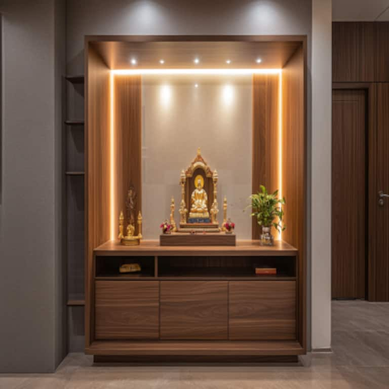 Modern Mandir Design With Storage For Dining Area