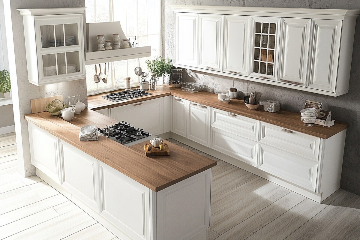 Modern Modular All White U Shaped Kitchen Design With Wooden Kitchen Countertop