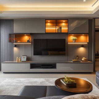 Modern TV Unit Design with Wood Veneer in High Gloss Finish