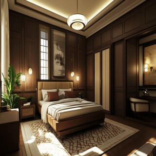 Mid-Century Modern Brown And Beige Master Bedroom Design With 4-Door Swing Wardrobe