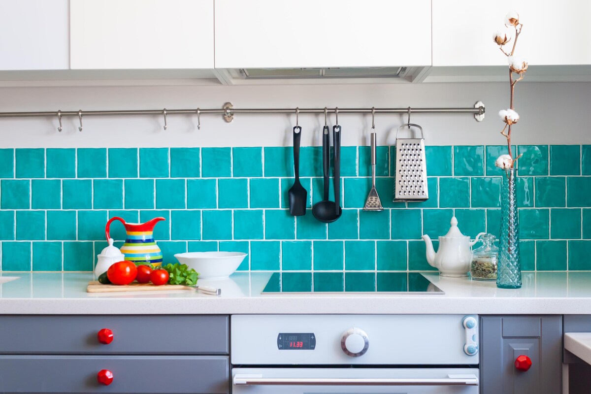 Blue Enamelled Kitchen Feature Wall Tiles Blue Enamelled Kitchen Feature Wall Tiles