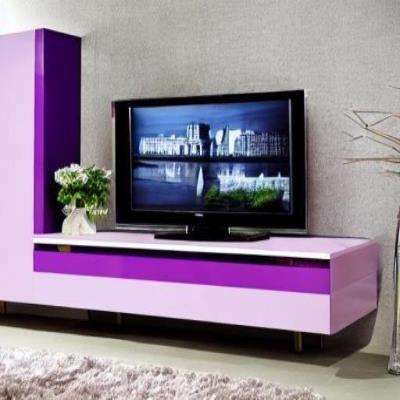 Classic TV Unit Design in Purple with a Flower Vase and Grey Wall