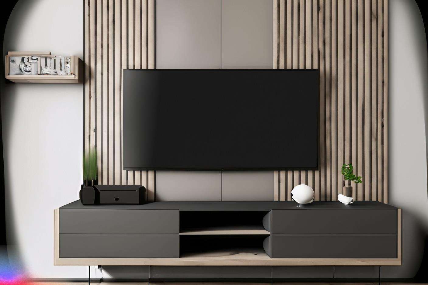 Modern Grey TV Unit Design With Wooden Backdrop