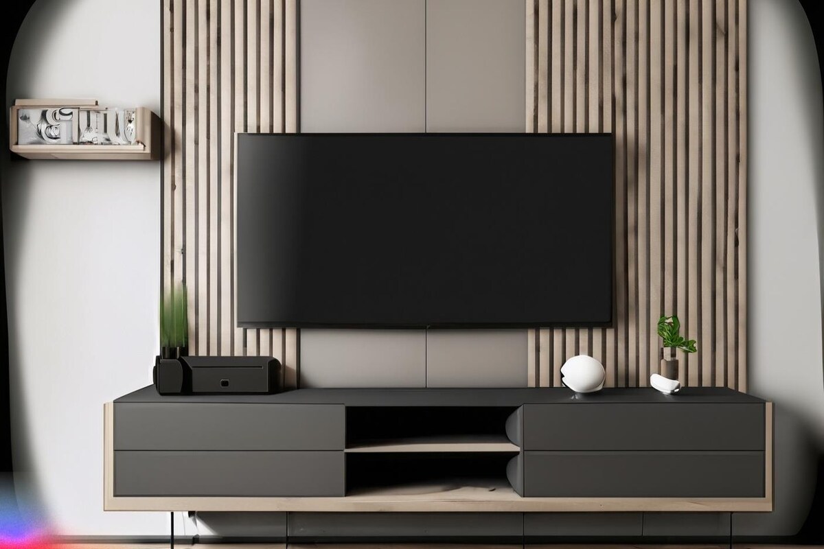 Modern Grey TV Unit Design With Wooden Backdrop