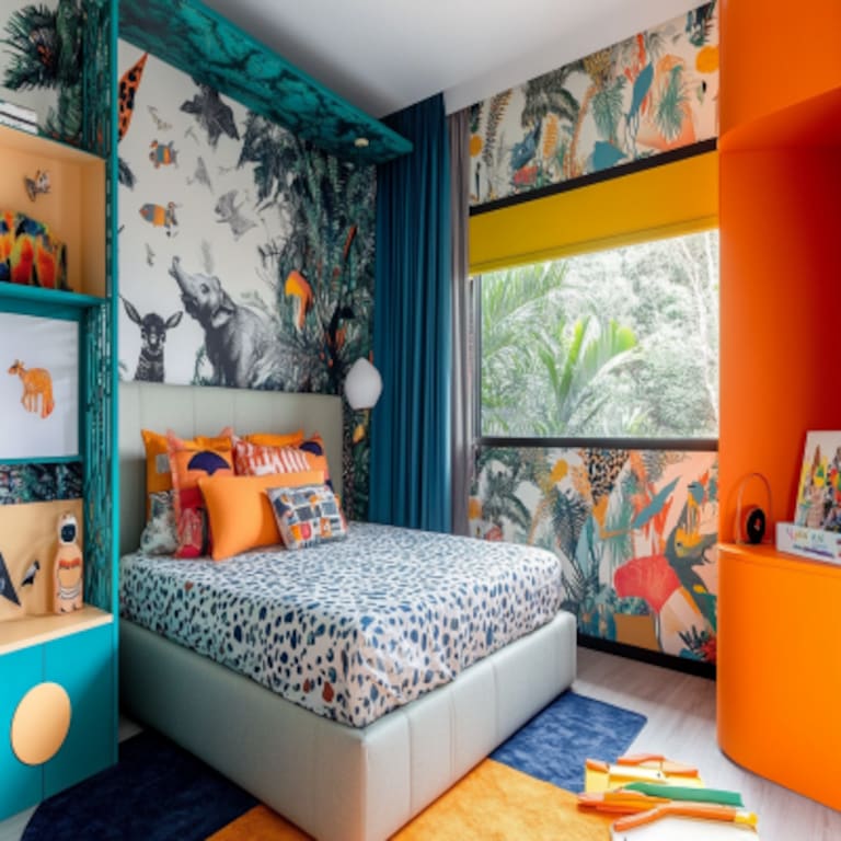 Contemporary Kids Bedroom Design with Colorful Wallpaper