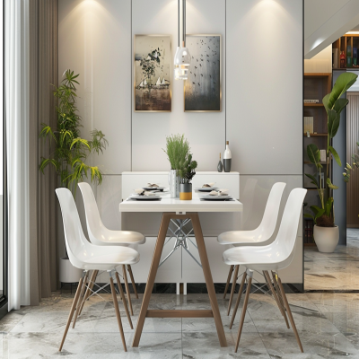 Contemporary 4-Seater Foldable Dining Room Design With White Storage Unit And Bevelled Mirror Panel