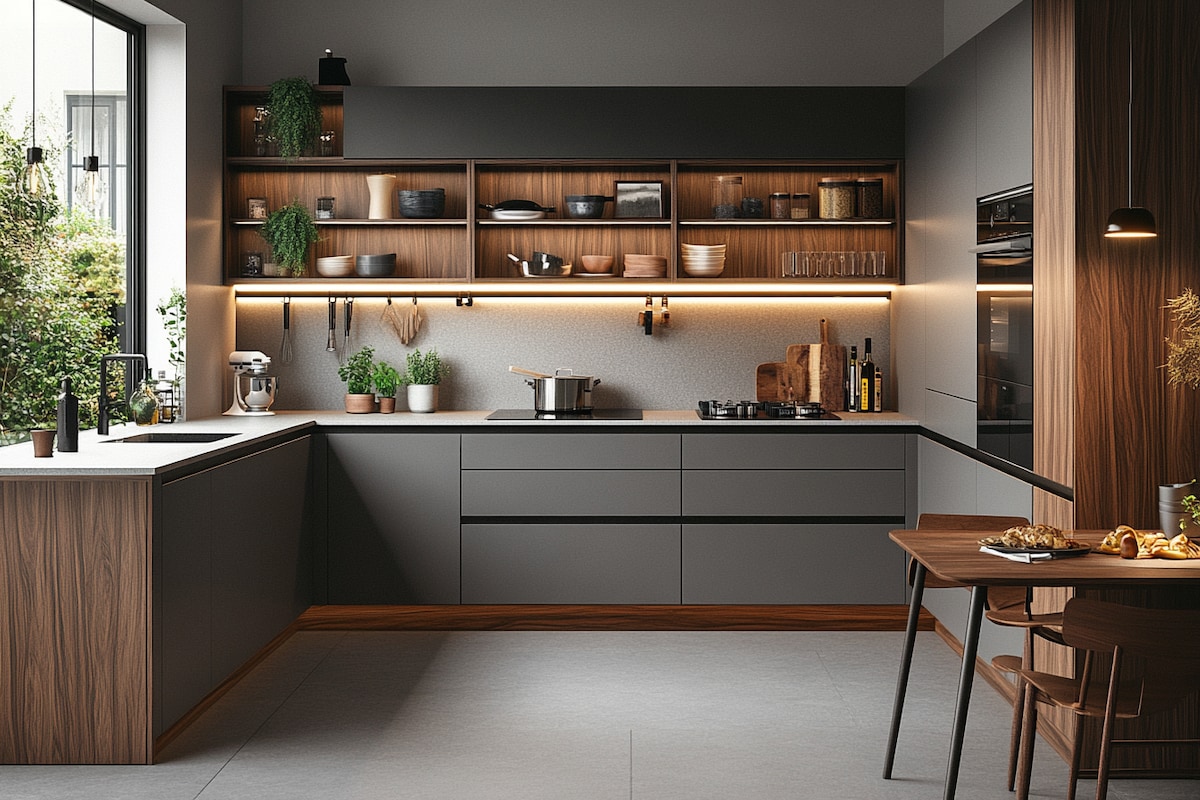 Contemporary L-Shaped Kitchen Design with Dove Grey and Walnut Units