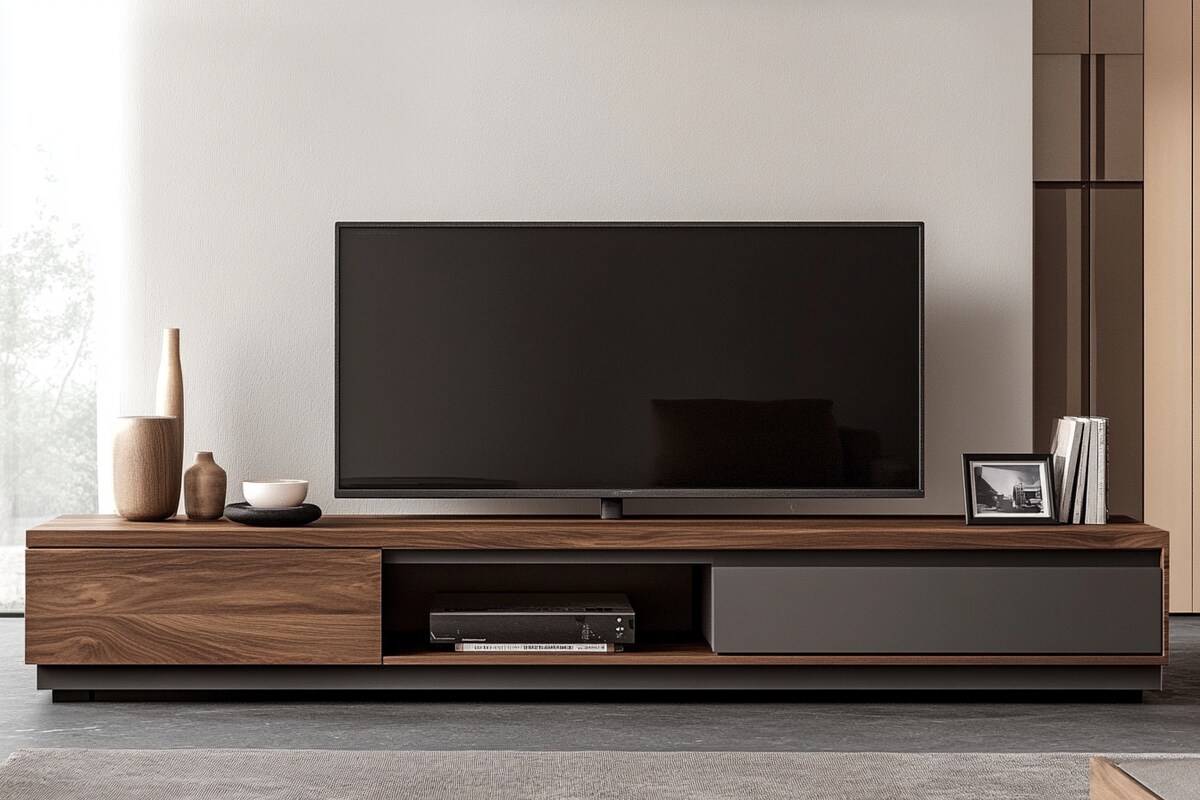 Compact Modern TV Unit Design with Drawer and Open Rack