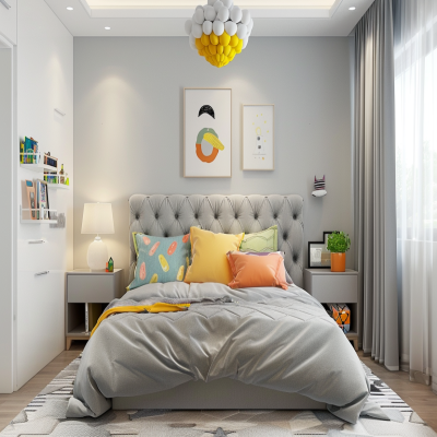 Modern Kids Room Design With Grey Tufted Headboard