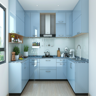 Modern Light Blue U-Shaped Modular Kitchen Design With Granite Countertop