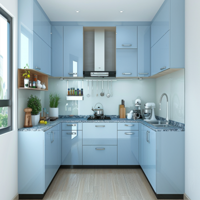 Modern Light Blue U-Shaped Modular Kitchen Design With Granite Countertop