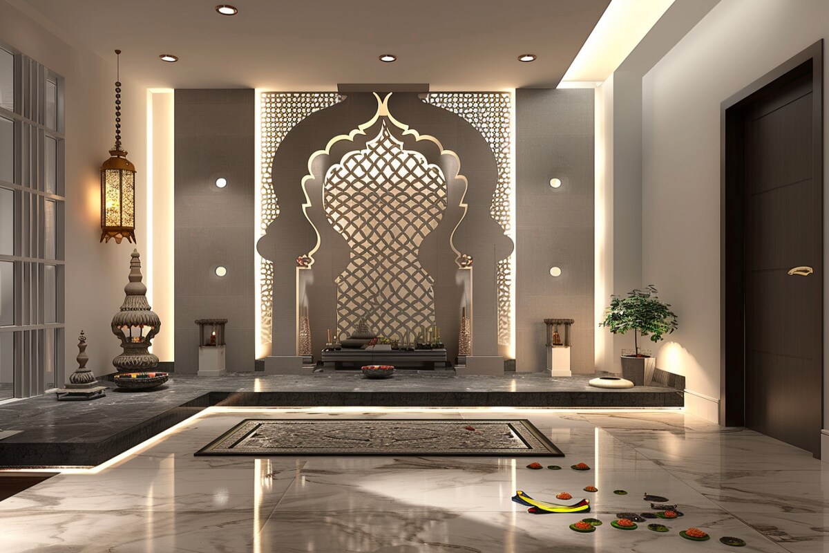 Contemporary Grey Floor-Mounted Mandir Design With CNC Partition