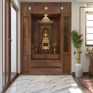 Modern Open Pooja Room Design With Crescent Acacia Cabinets
