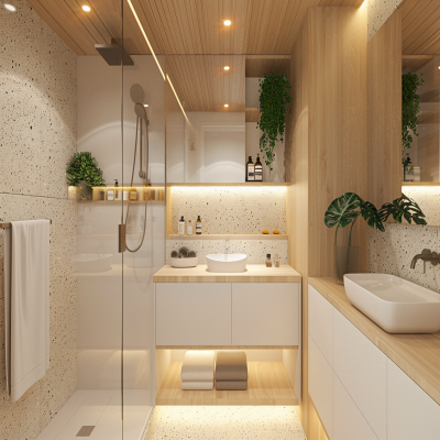 Scandinavian White And Wood Small Bathroom With Terrazzo Wall Tiles