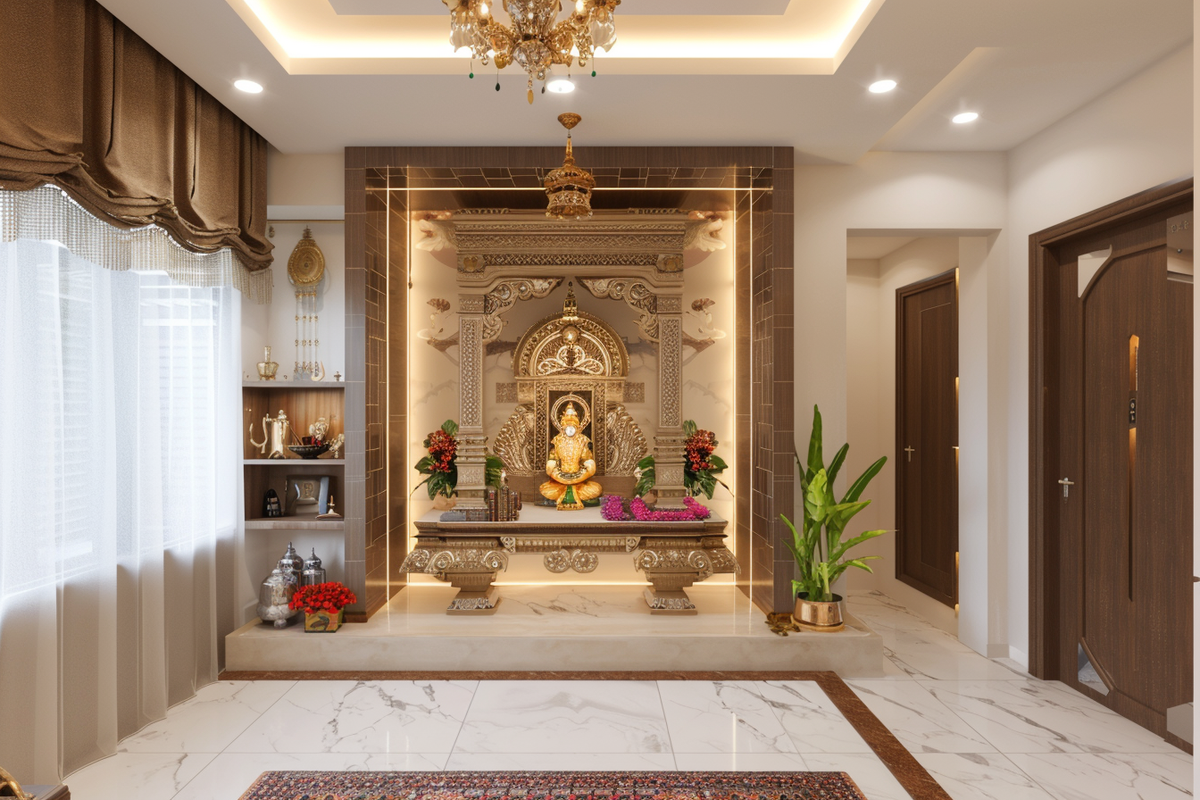 Contemporary Mandir Unit Design In Cappuccino And Frosty White Tones