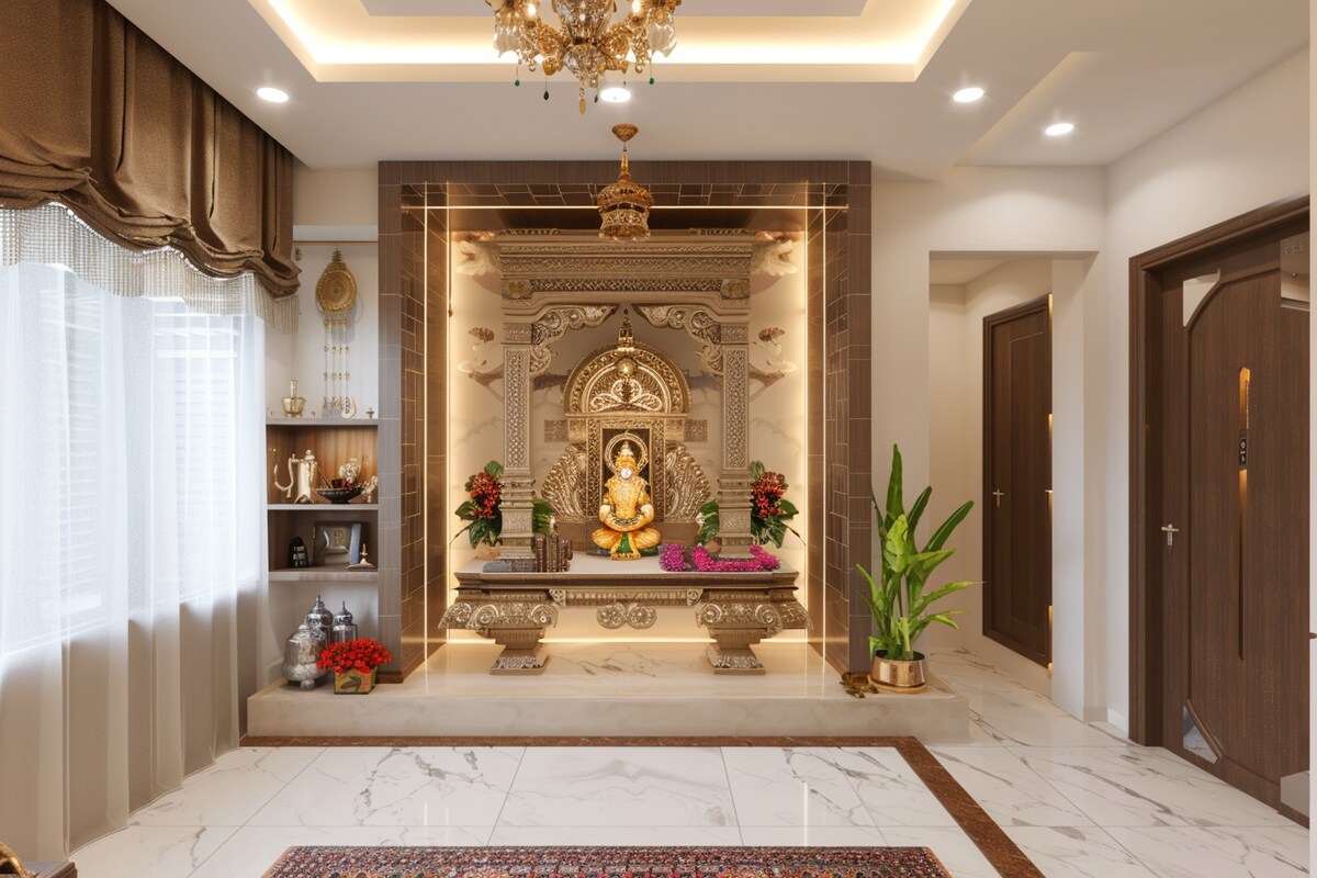 Contemporary Mandir Unit Design In Cappuccino And Frosty White Tones Contemporary Mandir Unit Design In Cappuccino And Frosty White Tones