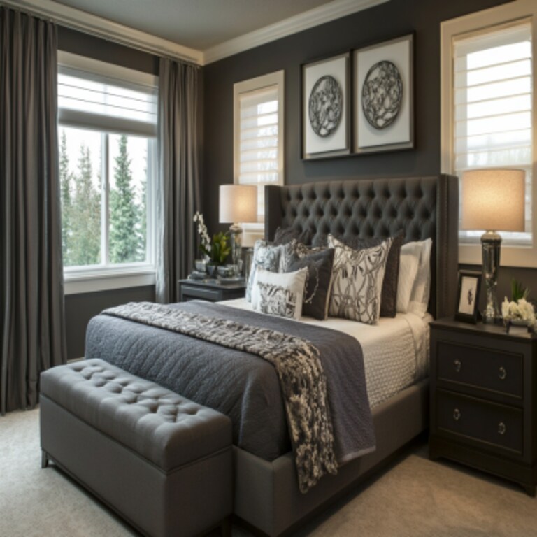 Contemporary Master Bedroom Design With Grey Bed and Wall