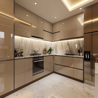 Modern Beige And Champagne Toned L-Shape Kitchen Design With High-Gloss Cabinets