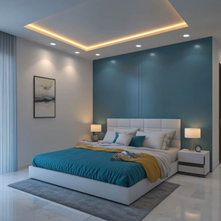 Modern Rectangle False Ceiling Design For Bedroom With Recessed Lights And Adjacent Blue Wall