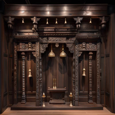 Modern Dark Wood Mandir Design With Panelled Door And Bells