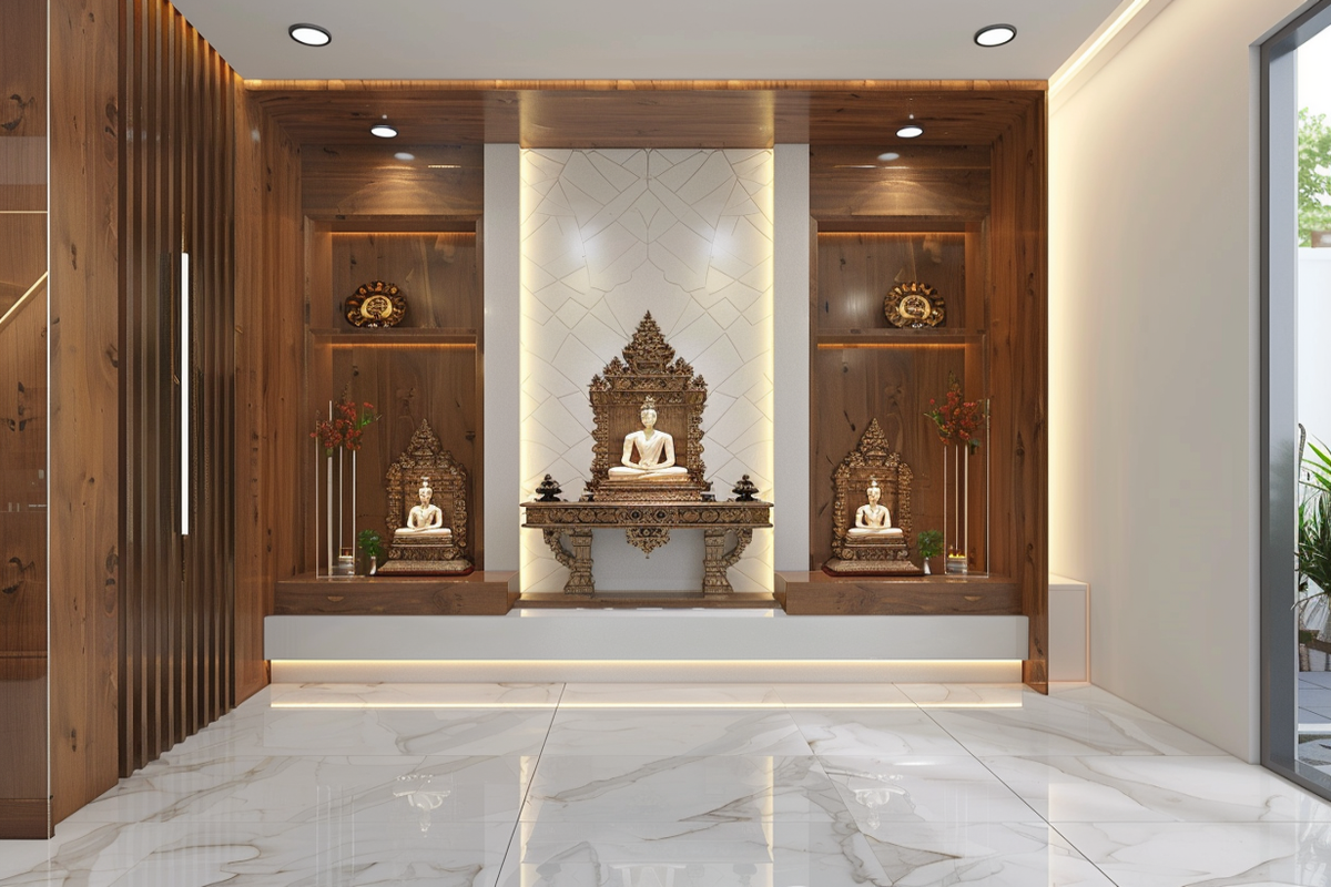 Contemporary Wall-Mounted Wood And White Mandir Design With Wooden Panels