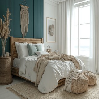 Coastal White And Teal Blue Bedroom Wall Paint Design