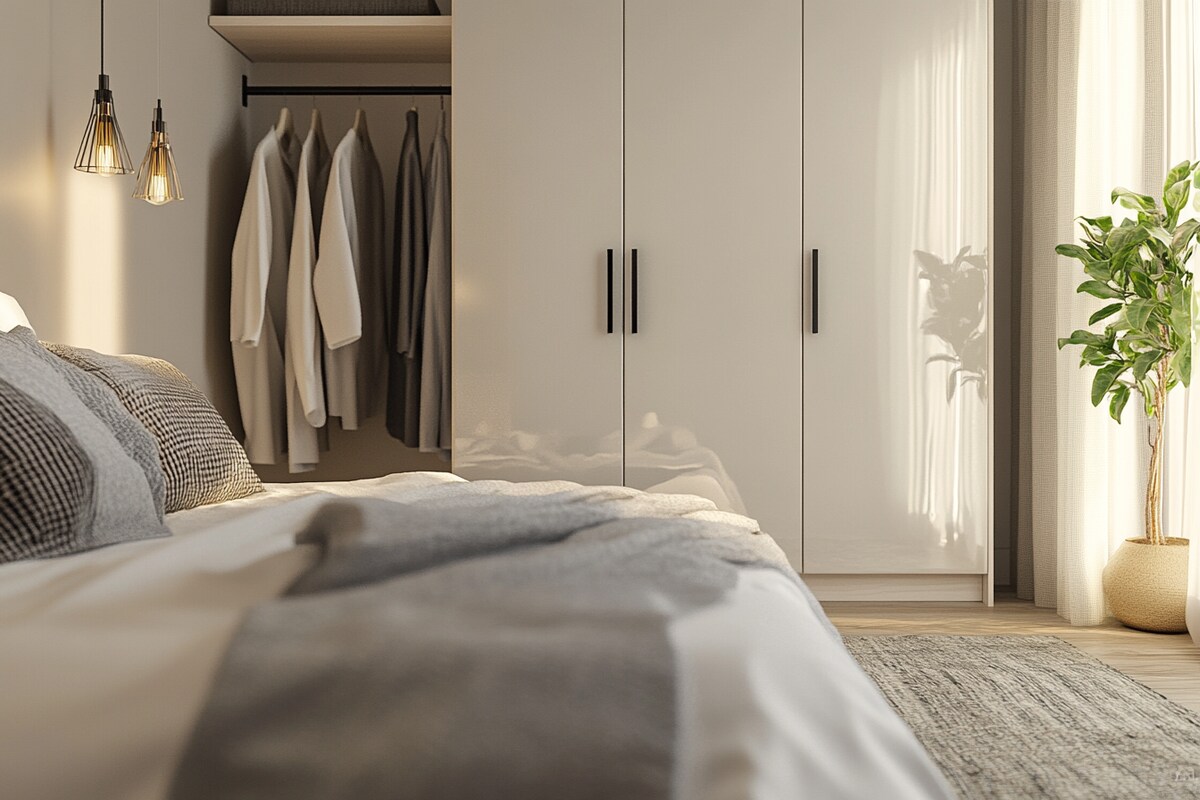 Modern High-Gloss 3-Door Swing Wardrobe Design In Dove Grey Modern High-Gloss 3-Door Swing Wardrobe Design In Dove Grey