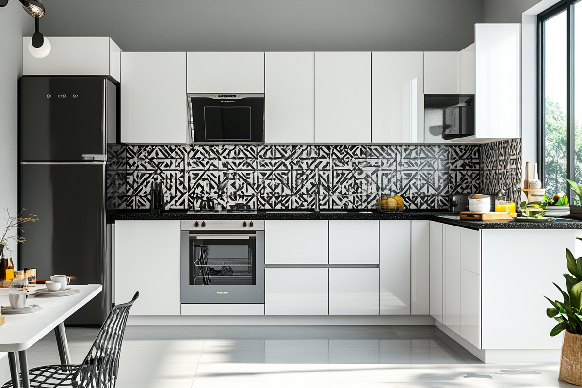 Contemporary White L-Shaped Modular Kitchen Design With Patterned Black Dado Tiles