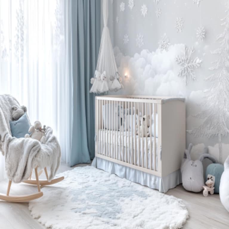 Winter Theme Modern Kids Bedroom Design With Baby Cot and Storage