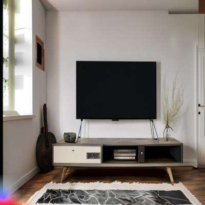 Rustic TV Unit Design in White with Black Rug