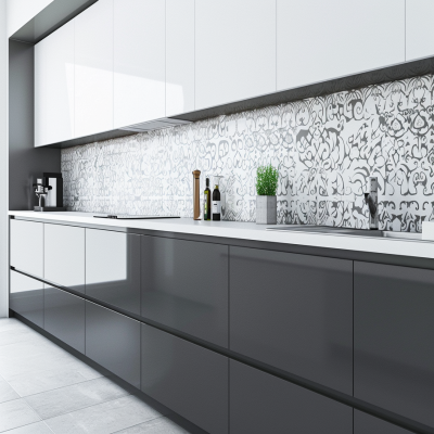 Modern Modular Grey And White Parallel Kitchen Design With White Damask Kitchen Backsplash