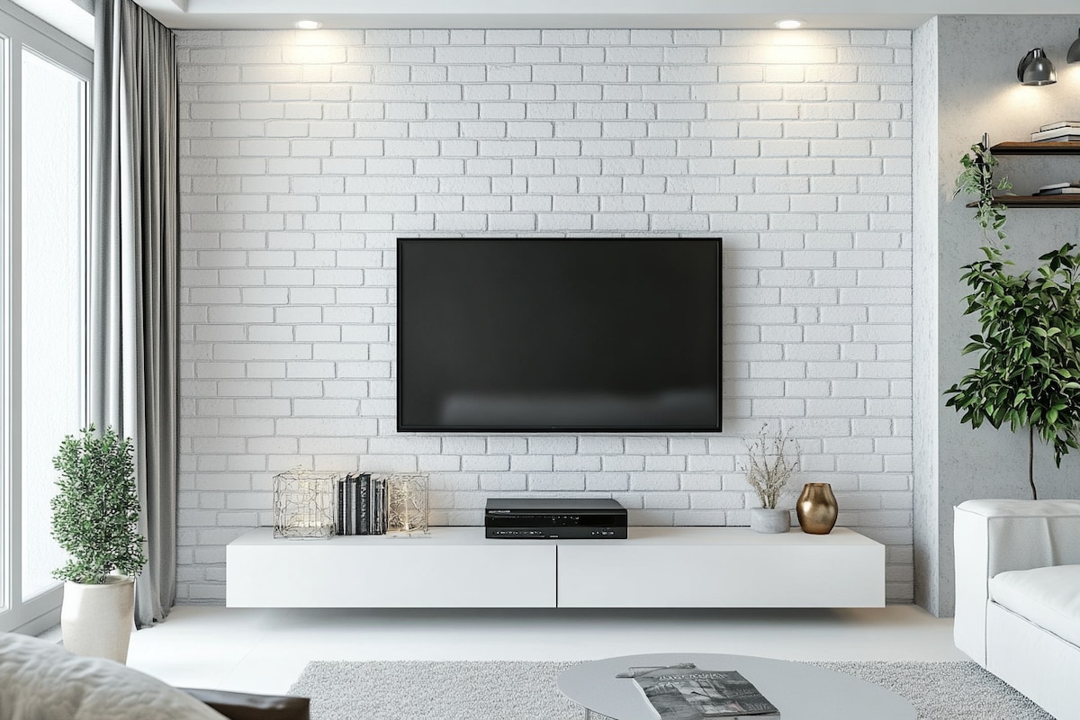 Contemporary Frosty White TV Unit Design With White Brick Wallpaper