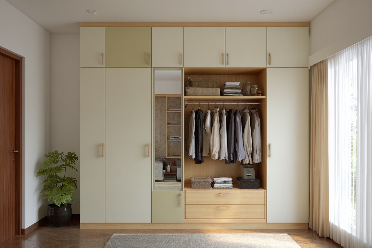 3-Door Contemporary Swing Wardrobe Design with Overhead Cabinets, Open Display and Mirror Panel 3-Door Contemporary Swing Wardrobe Design with Overhead Cabinets, Open Display and Mirror Panel