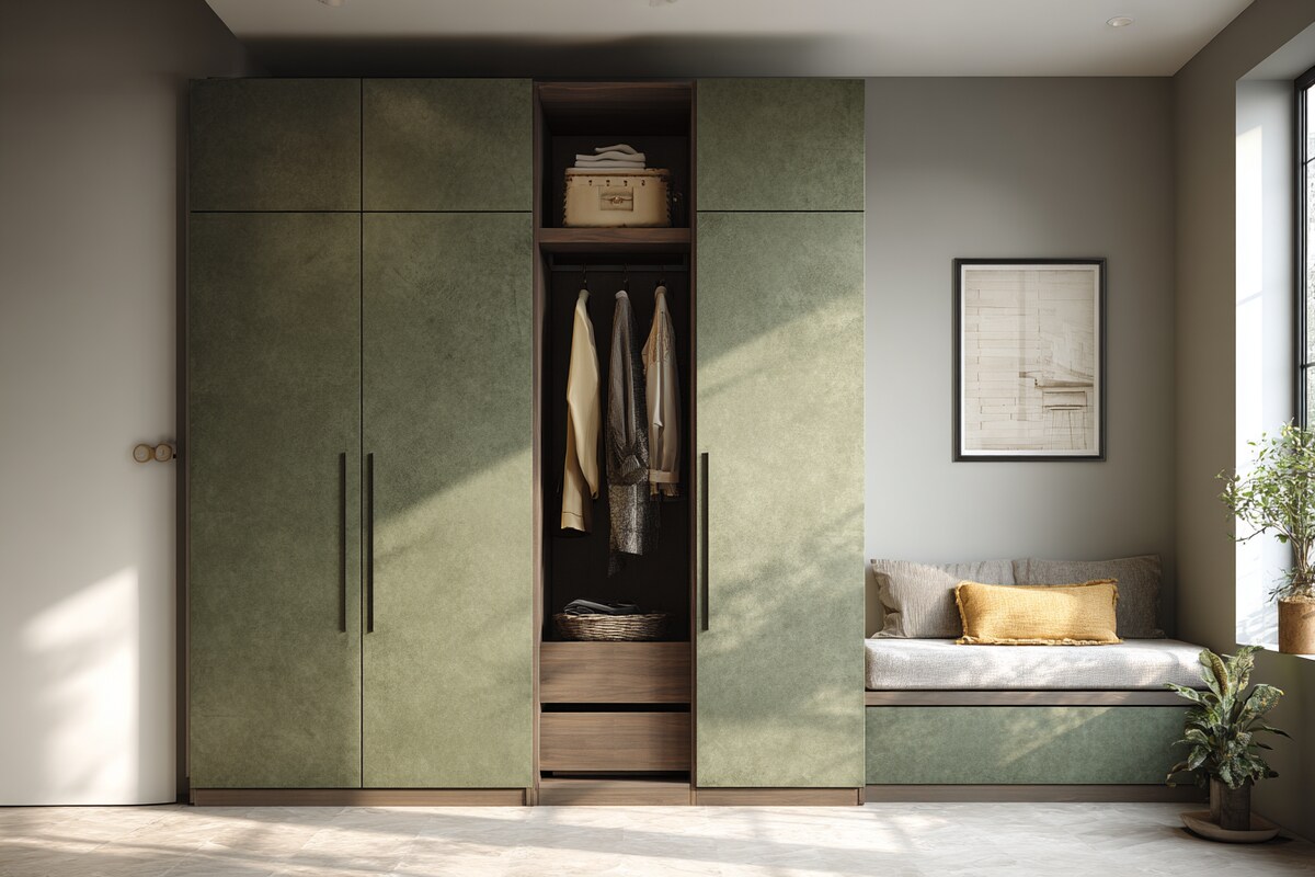 3-Door Olive Green Modern Swing Wardrobe Design in Suede Finish