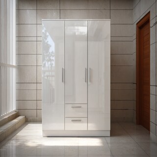 3-Door White Contemporary Swing Wardrobe Design with High Gloss Finish