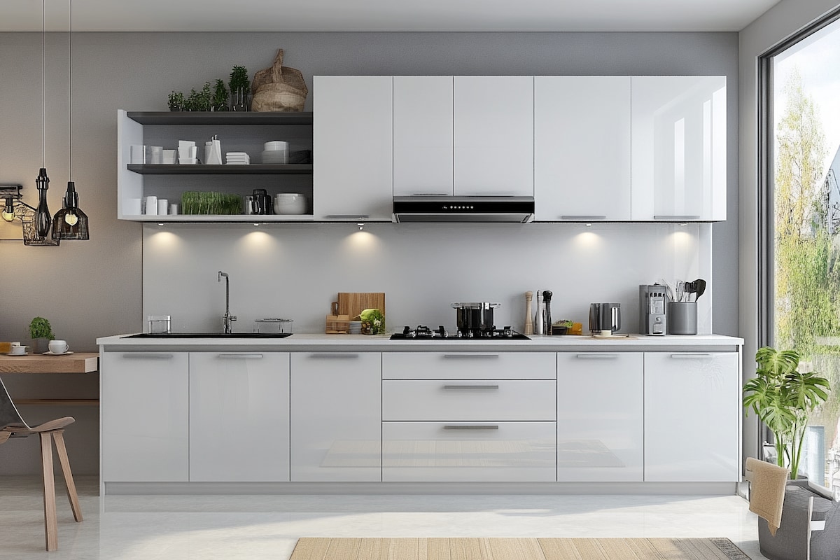 Modern Frosty White Parallel Kitchen Design With Storage