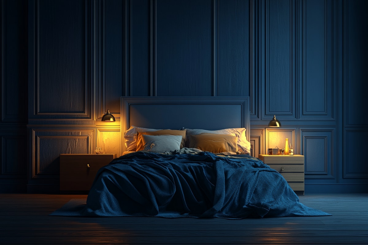 Modern Dark Blue Wall Paint Design with Wooden Flooring