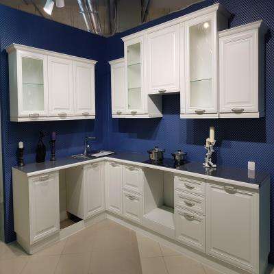 Classic Modular Kitchen Design with Blue Backdrop